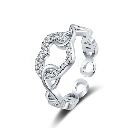 Heart Brass Micro Pave Clear Cubic Zirconia Hollow Open Cuff Rings for Women RJEW-M016-04P-1