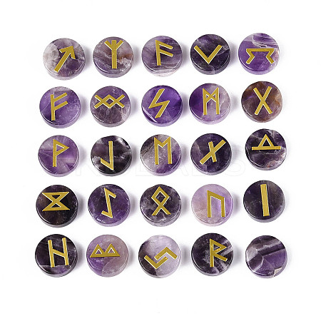 Brass Elder Futhark Alphabet Engraved Symbol Flat Round Natural Amethyst Rune Stones G-I373-01M-1