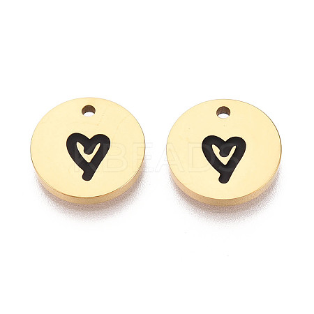 304 Stainless Steel & Enamel Flat Round with Heart Pendants STAS-T073-11G-1