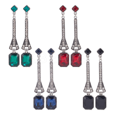 4 Pairs 4 Colors Rhinestone Rectangle Dangle Stud Earrings EJEW-AN0004-18-1