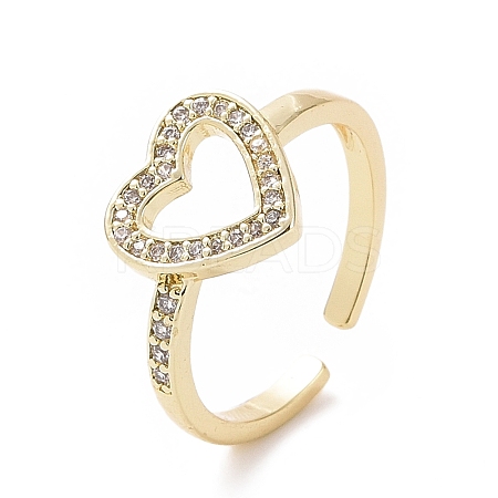 Clear Cubic Zirconia Hollow Out Heart Open Cuff Ring RJEW-I094-03G-1