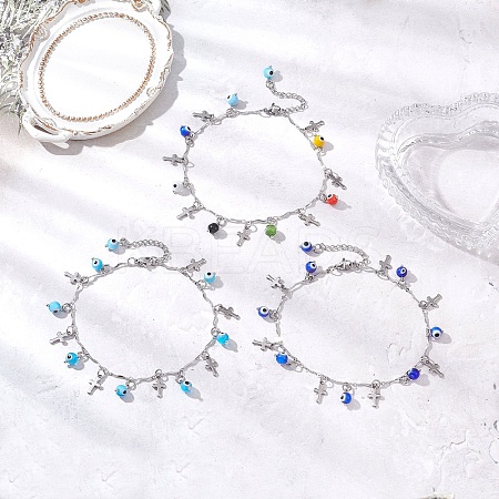 3Pcs 3 Colors Handmade Evil Eye Lampwork & 304 Stainless Steel Cross Tassel Bar Link Chain Anklets for Women AJEW-AN00741-1