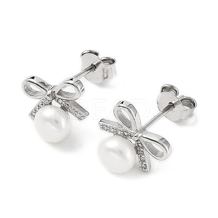 Anti-Tarnish Cubic Zirconia Bowknot with Natural Pearl Stud Earrings EJEW-F318-09P-1
