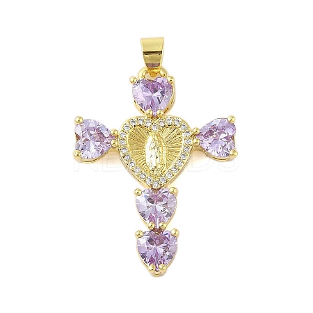 Rack Plating Brass Micro Pave Cubic Zirconia Heart Shape Virgin Mary Cross Pendant KK-S380-44D-G-1