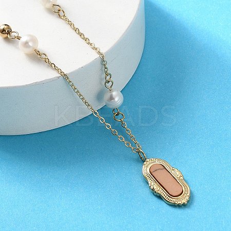 304 Stainless Steel & Natural Pearl & Synthetic Turquoise Oval Pendant Necklaces for Women NJEW-A045-23G-1