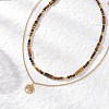 Tree of Life 304 Stainless Steel Pendant Cable Chain and Natural Tiger Eye Rectangle Round Beaded Double Layer Necklaces NJEW-JN05713-2