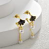 Ginkgo Leaf Brass Enamel & Plastic Imitation Pearl Dangle Stud Earrings LS-EJEW-A121-01G-1