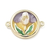 Brass Enamel Flat Round with Rose Connector Charms KK-M308-01G-01-1