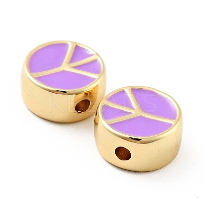 Flat Round with Peace Sign Brass Enamel Beads KK-G419-05G-07-1