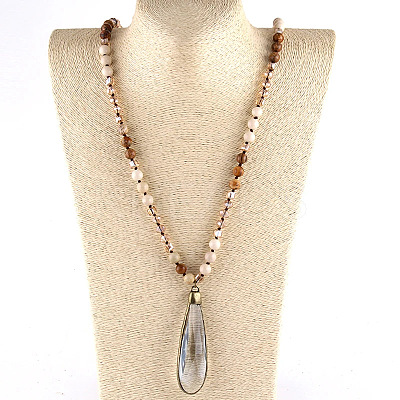 Bohemian Style Teardrop Glass Pendant Natural Picture Jasper & White Jade Round Beaded Long Necklaces for Women FS-WG767EC-04-1