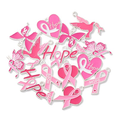 14Pcs 7 Styles Breast Cancer Pink Awareness Ribbon Theme Alloy Enamel Pendants ENAM-FP0002-54-1