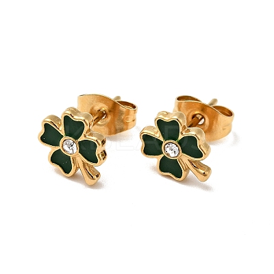 Ion Plating(IP) Enamel Clover with Crystal Rhinestone Stud Earrings with 316 Surgical Stainless Steel Pins EJEW-A081-12G-02-1
