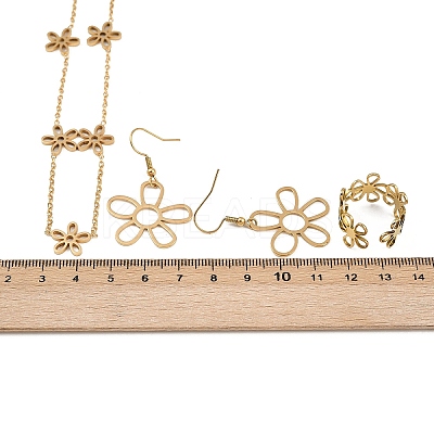 Hollow Flower 304 Stainless Steel Necklace & Dangle Earring & Cuff Ring Sets SJEW-F225-03G-1