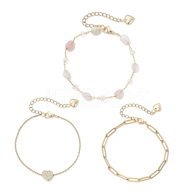 304 Stainless Steel Heart & Natural Morganite Nuggets Link Chain 3 Layer Stackable Necklaces BJEW-JB12459-03-1