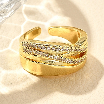 Rack Plating Brass Micro Pave Clear Cubic Zirconia Cuff Finger Rings for Women RJEW-M028-29G-1