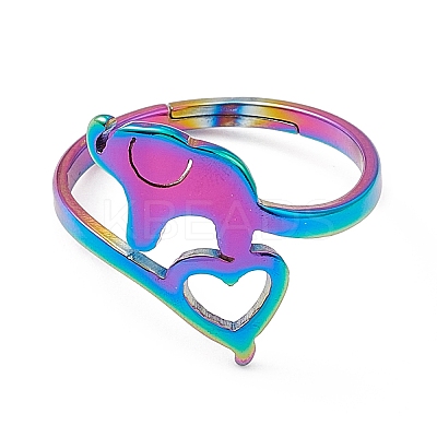 Ion Plating(IP) 201 Stainless Steel Elephant with Heart Adjustable Ring for Women RJEW-K238-07M-1
