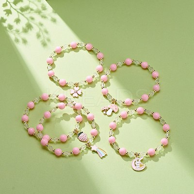 Pink Acrylic & Synthetic Hematite Beaded Stretch Bracelet with Alloy Enamel Charms for Women BJEW-JB08726-1