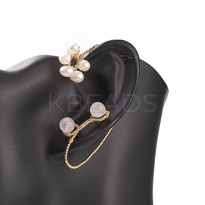 Natural Rose Quartz & Pearl Braided Flower Cuff Earrings EJEW-JE04957-02-1