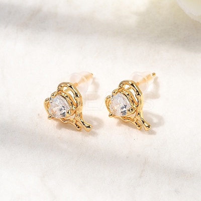 Brass Micro Pave Clear Cubic Zirconia Heart Stud Earrings EJEW-C158-08G-1