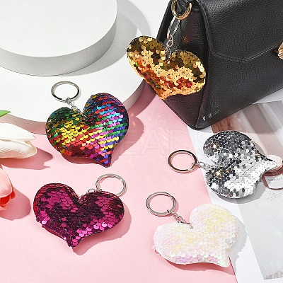 14Pcs 7 Colors PVC Reflective Sequin Heart Pendant Keychain KEYC-YW0001-27-1