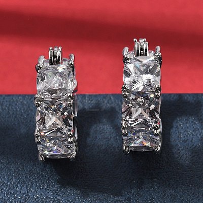 Square Brass Micro Pave Clear Cubic Zirconia Hoop Earrings EJEW-H108-07P-1