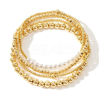 4Pcs 4 Styles Brass & Imitation Pearl Beads Stretch Bracelet Set for Women SD2204-1-1