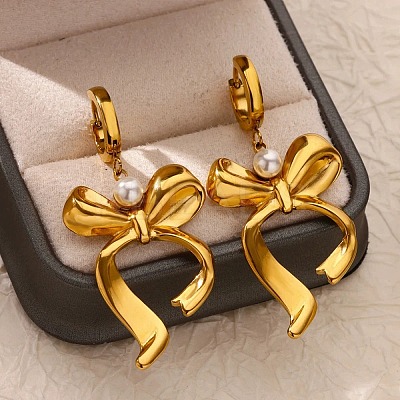 304 Stainless Steel Bowknot Hoop Earrrings EJEW-U065-04G-1