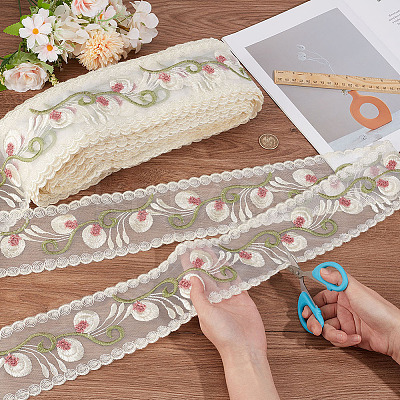 10Yards Polyester Flower Embroidery Elastic Lace Ribbon OCOR-NB0002-14A-1