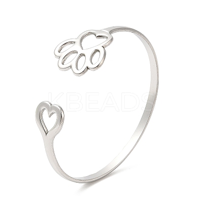 Non-Tarnish Hollow Dog Paw Print & Heart 304 Stainless Steel Cuff Bangles for Women BJEW-L682-015P-1