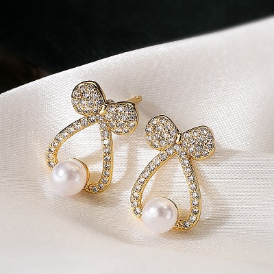Bowknot Brass Micro Pave Clear Cubic Zirconia Stud Earrings LS-EJEW-A110-06G-1