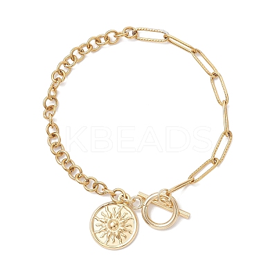 Flat Round with Sun 201 Stainless Steel Charm Bracelets BJEW-JB12679-1