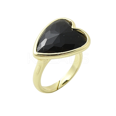 Heart Brass Natural Obsidian Finger Rings RJEW-D304-01G-G-1