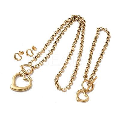 Heart 304 Stainless Steel Pendant Necklace & Stud Earring & Bracelet Sets for Women SJEW-F226-02G-1