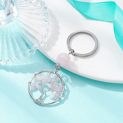 Natural Rose Quartz Chips Flat Round with Tree of Life Kcychain KEYC-JKC00563-02-1