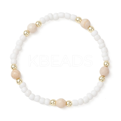 Natural Fossil & Glass Round Beaded Stretch Bracelets for Women BJEW-JB13308-01-1