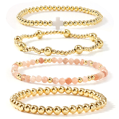 4Pcs Golden Brass & Glass Round Beaded Bracelet Sets XG4611-2-1
