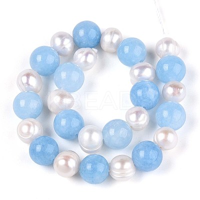 Dyed Natural White Jade Round & Natural Cultured Freshwater Pearl Grooved Potato Beads Strands PEAR-N019-01-1