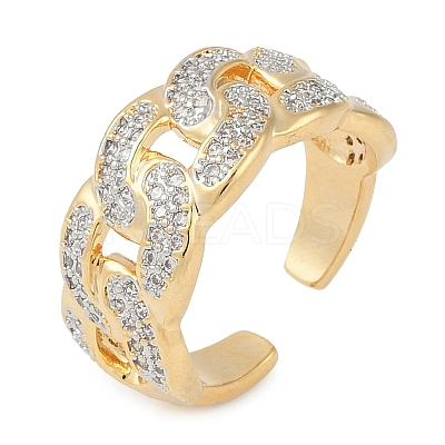Curb Chain Shape Brass Micro Pave Clear Cubic Zirconia Open Cuff Ring for Women RJEW-Q819-05G-1