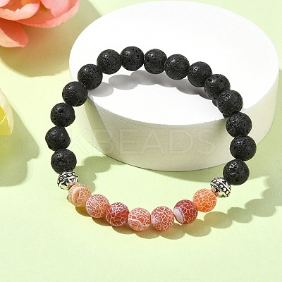 Natural Dyed Crackle Agate & Lava Rock Round Beaded Stretch Bracelet BJEW-TA00444-03-1