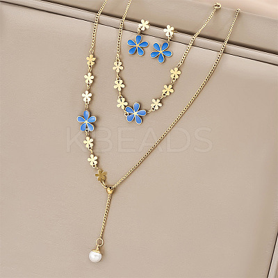 Flower Stainless Steel & Plastic Pearl Pendant Slider Necklace & Stud Dangle Earring & Link Bracelet FS-WG91D37-01-1