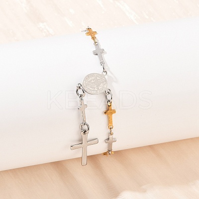 201 Stainless Steel Oval with Saint Benedict Charm Bracelets BJEW-B143-01GP-1