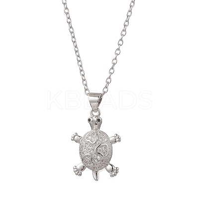 Brass Micro Pave Clear Cubic Zirconia Tortoise Pendant 304 Stainless Steel Cable Chain Necklaces for Women NJEW-JN05903-02-1