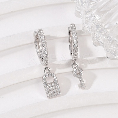 Lock & Key 925 Sterling Silver Micro Pave Clear Cubic Zirconia Hoop Earrings for Women EJEW-G427-01P-03-1