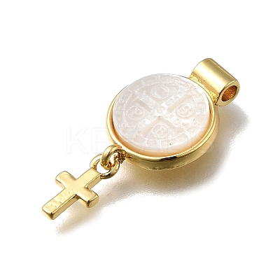 Brass Pave Natural White Shell Flat Round with Cross Pendants KK-C090-40G-05-1