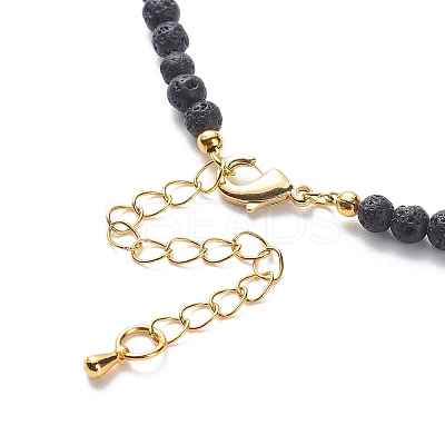 Natural Aquamarine & Lava Rock Beaded Necklace with Brass Charm NJEW-JN03997-1
