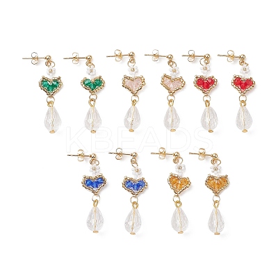 Glass Heart with Acrylic Flower Dangle Stud Earrings EJEW-MZ00077-1