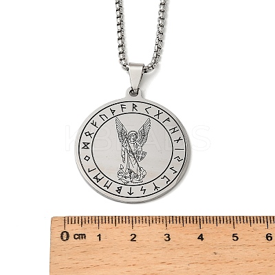 201 Stainless Steel Flat Round with Archangel Saint Michael Pendant Necklaces for Women Men NJEW-F344-02P-1