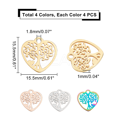 16Pcs 4 Colors 201 Stainless Steel Pendants STAS-DC0002-83-1