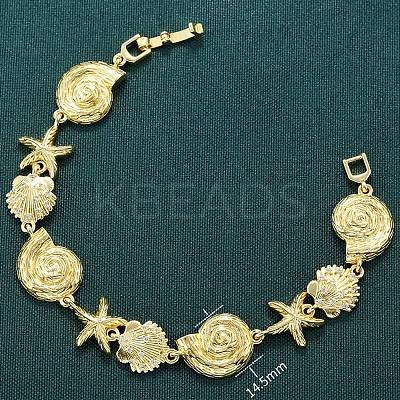 Summer Beach Brass Micro Pave Clear Cubic Zirconia Starfish & Shell Shape Link Chain Bracelets LS-BJEW-C118-02A-G-1