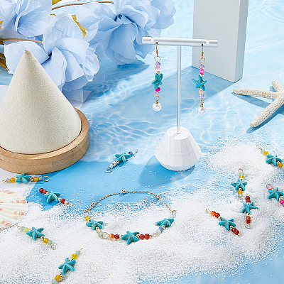 24Pcs 4 Colors Summer Beach Dyed Synthetic Turquoise Starfish & Natural Mixed Stone Faceted Round Beaded Connector Charms PALLOY-FH00160-1
